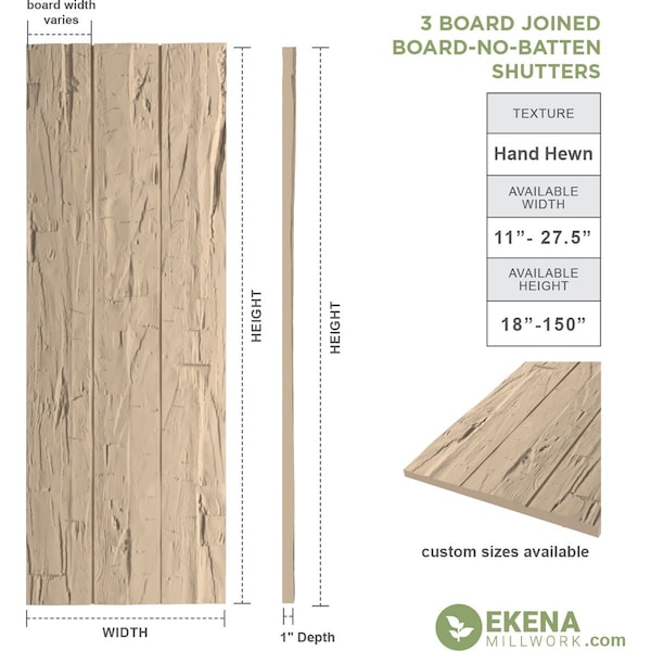 Rustic Three Board Joined Board-n-Batten Hand Hewn Faux Wood Shutters W/No Batten, 16 1/2W X 38H